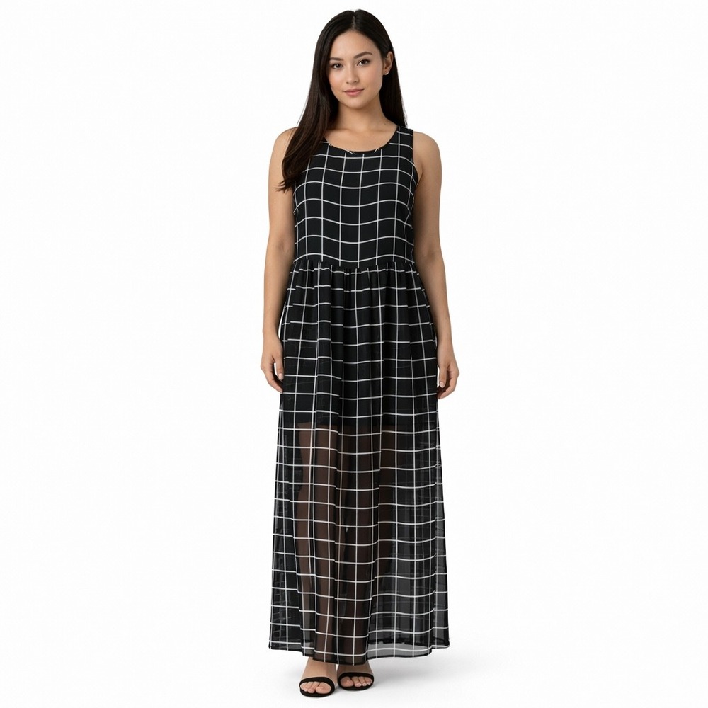 Agnes & Dora Womens Black White Grid Print Sleeveless Maxi Dress Geometric Small